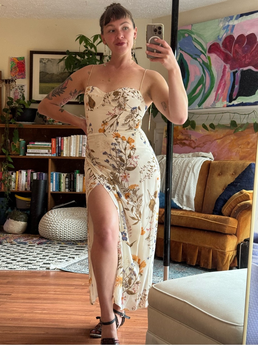Reformation Floral Tie-Shoulder Maxi Dress in Cream with Mustard & Blue - Picture 11 of 12